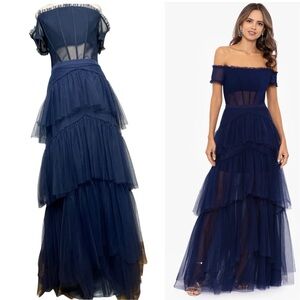Betsy & Adam Ruffle Off the Shoulder Tulle Navy Blue Prom Formal Gown NWT Sz 6